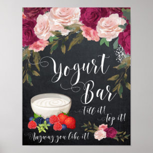 Póster letrero de pizarra de barra de yogur floral borgoñ