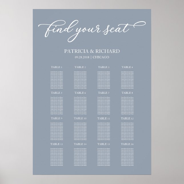 Póster Letrero de Plano de Asientos de Boda Chic Azul Pol (Frente)