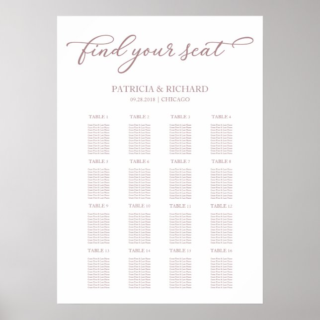 Póster Letrero de Plano de Asientos de Boda Chic Rosa Dor (Frente)