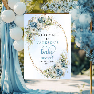 Póster Letrero de Pórtico para Baby Shower Flores Azul Po
