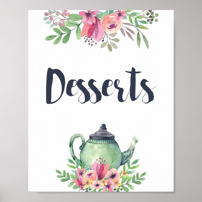 Póster Letrero de Postres de Fiesta de Té con Acuarela (Frente)