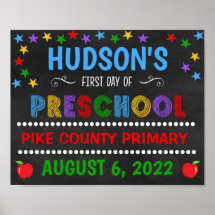 Póster Letrero de Primer Día de Preescolar en Pizarra Bri