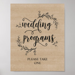 Póster Letrero de programa de boda con vides rústicas