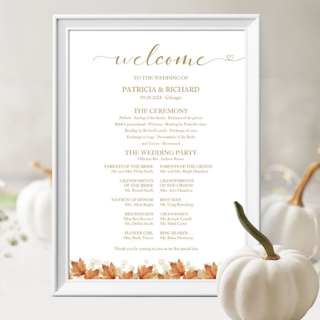 Póster Letrero de Programa de Boda de Hojas de Otoño (Subido por el creador)