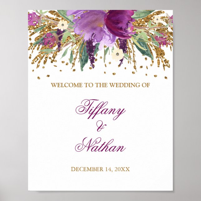 Póster Letrero de Recepción de Boda Purpura Brillo Amatis (Frente)