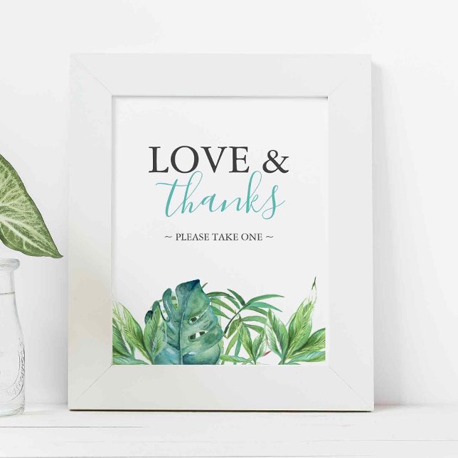 Póster Letrero de Recuerdos de Boda en Playa Tropical (tropical beach wedding favors sign with watercolor palm leaves and love and thanks)