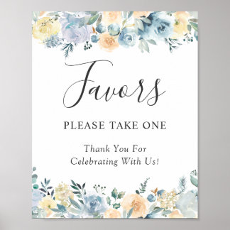 Póster Letrero de Recuerdos de Boda Florales Azules Polvo