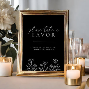 Póster Letrero de Regalo de Boda Floral Moderno Negro Sen