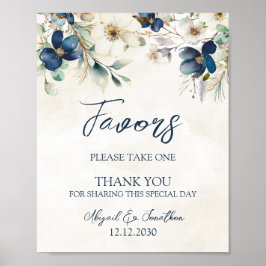 Póster Letrero de Regalos de Boda Floral Azul Elegante de