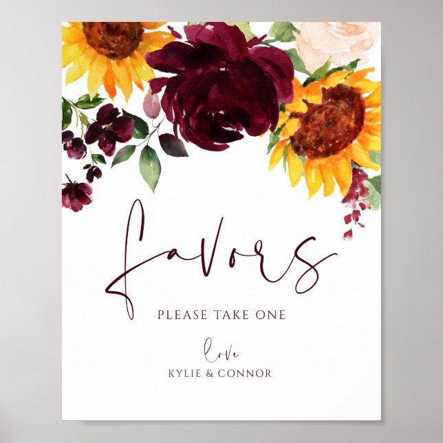 Póster Letrero de Regalos de Boda Girasoles Rosas Rojo Bu (Frente)