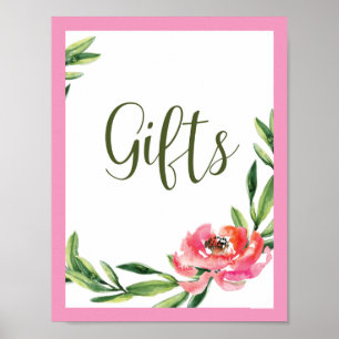 Póster Letrero de regalos florales en acuarela rosa y ver