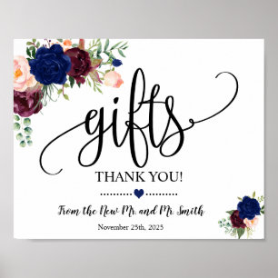 Póster Letrero de regalos para recepción de boda navy bur