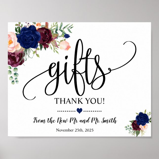 Póster Letrero de regalos para recepción de boda navy bur (Frente)