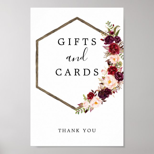 Póster Letrero de regalos y tarjetas de Boho Borgoña (Frente)