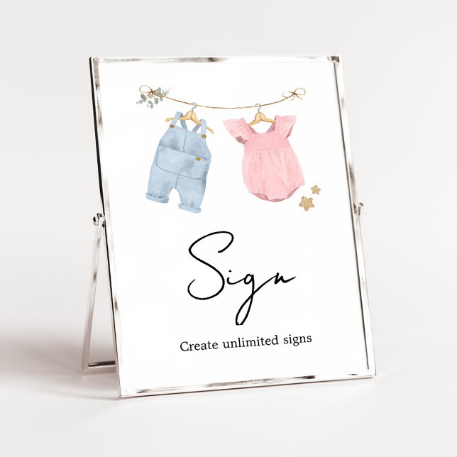 Póster Letrero de Revelación de Género de Ropa de Bebé Bo (Boho Baby Clothesline Baby Shower Custom Sign)