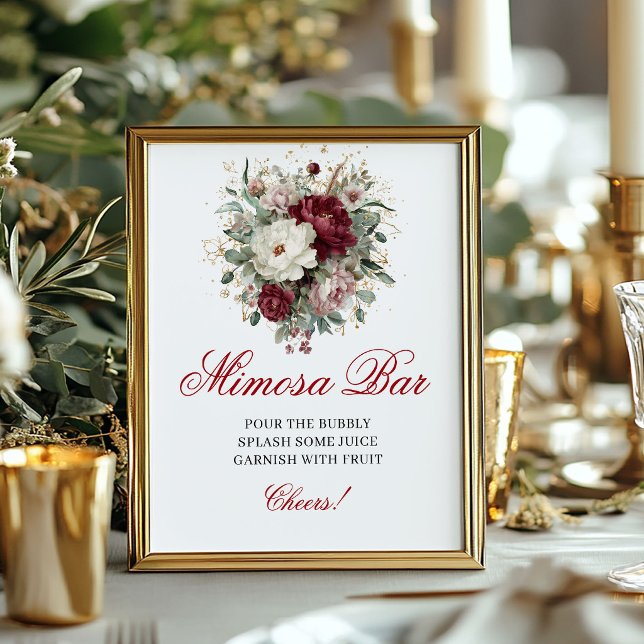 Póster Letrero de Rubor Burgundy de Barra de Mimosa Boho  (Refined Boho Mimosa Bar Blush Burgundy Sign)