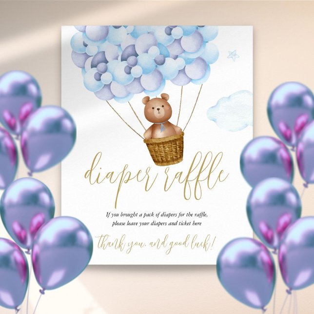 Póster Letrero de Sorteo de Pañales Oso Azul Fiesta de Be (Diaper Raffle Teddy Bear Blue Baby Shower Sign)