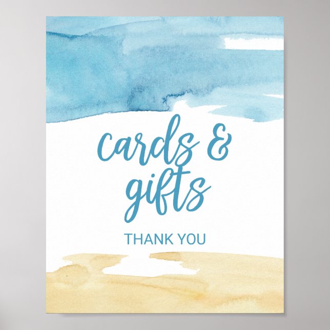 Póster Letrero de tarjetas y regalos de arena y mar con a (Frente)