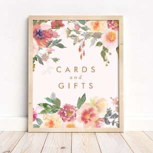 Póster Letrero de tarjetas y regalos de boda floral dorad