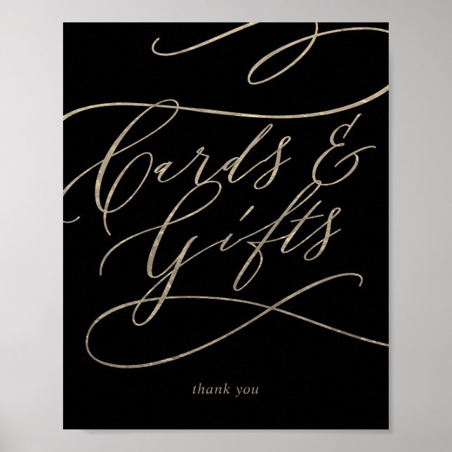 Póster Letrero de tarjetas y regalos de caligrafía dorada (Frente)