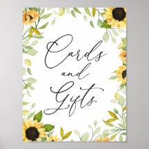 Letrero de tarjetas y regalos de girasoles