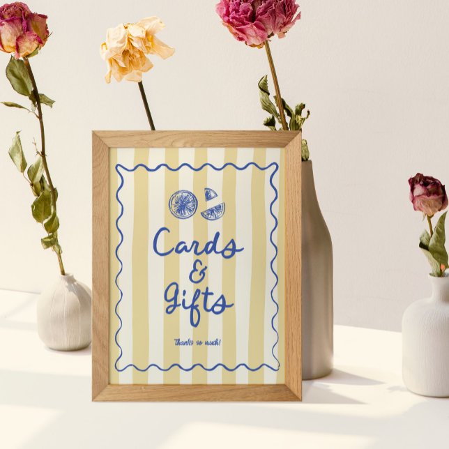 Póster Letrero de Tarjetas y Regalos de Limones con Garab (Cards and Gifts Table Sign with yellow striped background, lemon illustrations and blue wavy border)