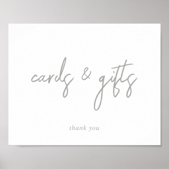 Póster Letrero de Tarjetas y Regalos de Plata y Blanco (Frente)