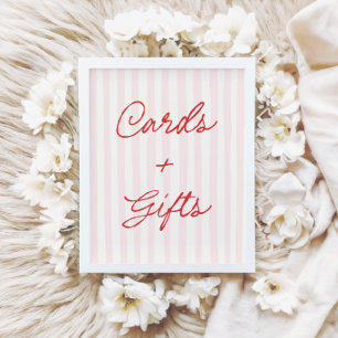 Póster Letrero de tarjetas y regalos de rayas rosadas y r