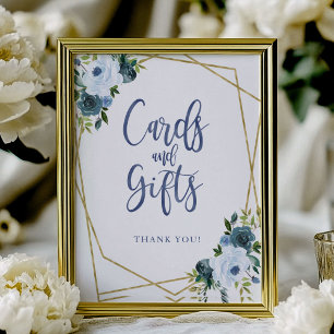 Póster Letrero de tarjetas y regalos florales de oro azul