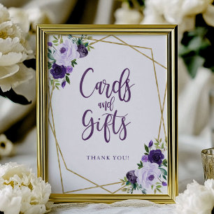 Póster Letrero de tarjetas y regalos florales de oro púrp
