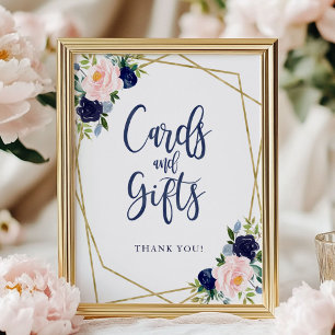 Póster Letrero de tarjetas y regalos florales dorados y a