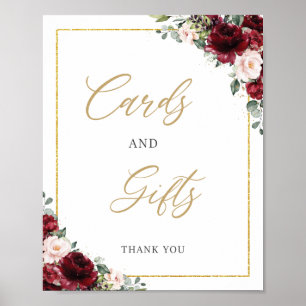 Póster Letrero de tarjetas y regalos florales rosa borgoñ