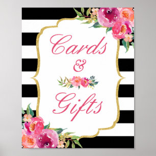 Póster Letrero de tarjetas y regalos Fuchsia Floral Rayas