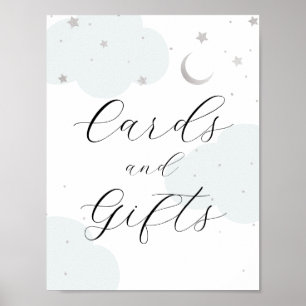 Póster Letrero de tarjetas y regalos plateados y azules d