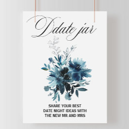 Póster Letrero de Tarro de Fecha Floral Azul de la Marina