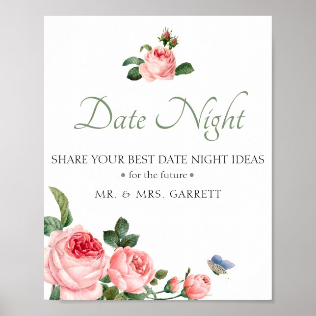 Póster Letrero de Tarro de Noche de Fecha de Boda Rosa So (Frente)