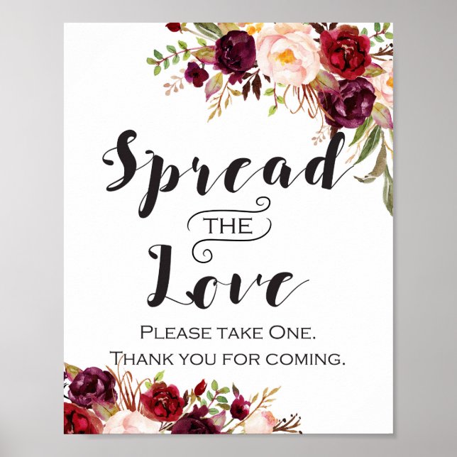 Póster Letrero Floral Boho Borgoña - Difunde el Amor (Frente)