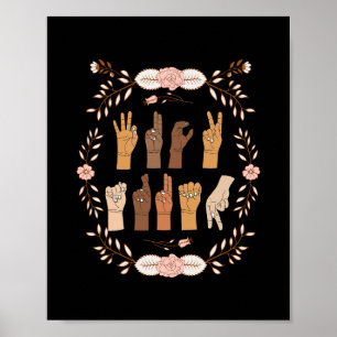 Póster Letrero Floral Divertido Lenguaje De Señas Anti Tr