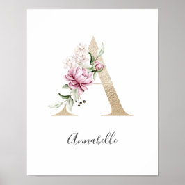 Póster Letrero Floral Rosa Blanco Monograma A Guardería 