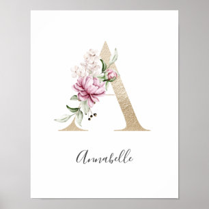 Póster Letrero Floral Rosa Blanco Monograma A Guardería 