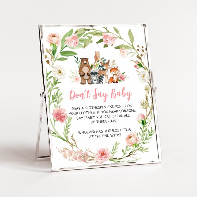 Póster Letrero Floral Rosa de Bosque No Digas Bebé (Girl Woodland Animals Baby Shower Don't Say Baby Sign)