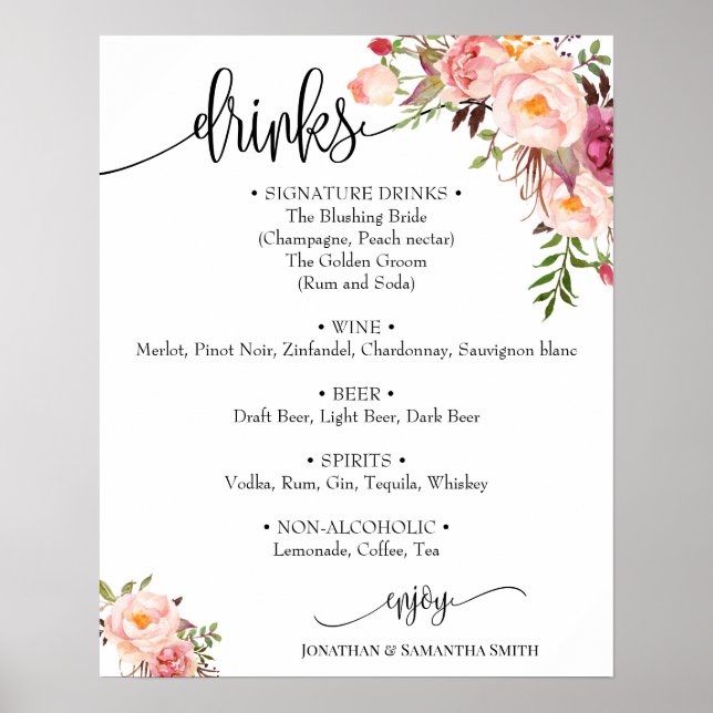 Póster Letrero menú de bebidas boda floral rosa boho chic (Frente)