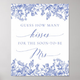Póster Letrero Nupcial de Besos Floral Azul Adivina Cuánt
