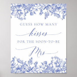 Póster Letrero Nupcial de Besos Floral Azul Adivina Cuánt