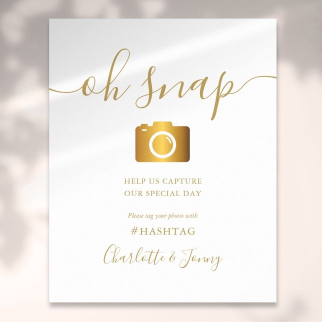 Póster Letrero Oh Snap con letra dorada (Gold Signature Script Wedding Oh Snap Sign)