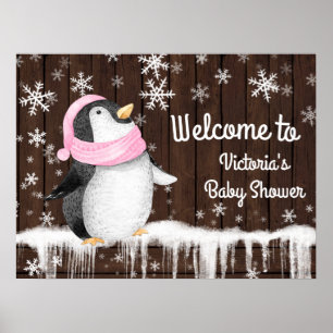 Póster Letrero para Baby Shower de copo de nieve y pingüi