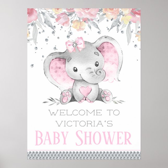 Póster Letrero para Baby Shower de Elefante Niña (Frente)