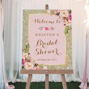 Póster Letrero para Bridal Shower con Brillo Dorado y Flo