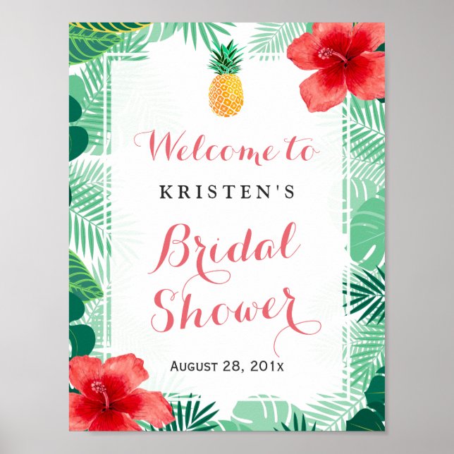 Póster Letrero para Bridal Shower de Hibisco de Piña Trop (Frente)