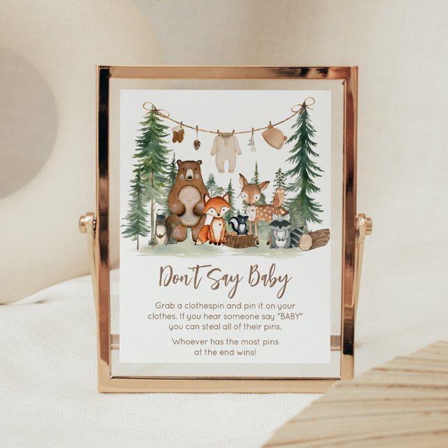 Póster Letrero para Ducha de Animales del Bosque No Digas (Woodland Animals Adventure Awaits Rustic Baby Shower Sign)